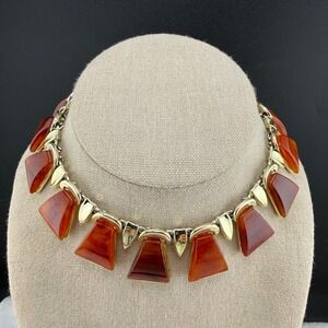 Vintage Charel Necklace Gold Orange Thermoset Geometric Choker Collar 13"